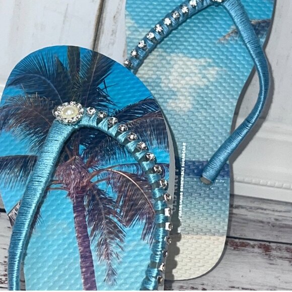 Tropical Flip Flops, Rhinestones, Crystals, Beach Wedding, Pool Party Gift Sz 6 - Picture 14 of 16